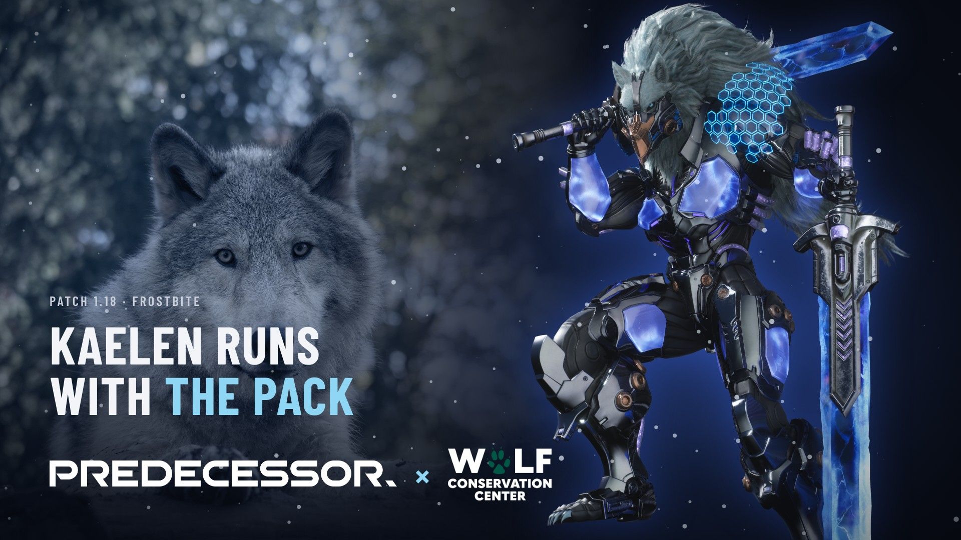 Kaelen in his Quantum skin alongside a Wolf Conservation Center ambassador wolf, with the Predecessor and Wolf Conservation Center logos