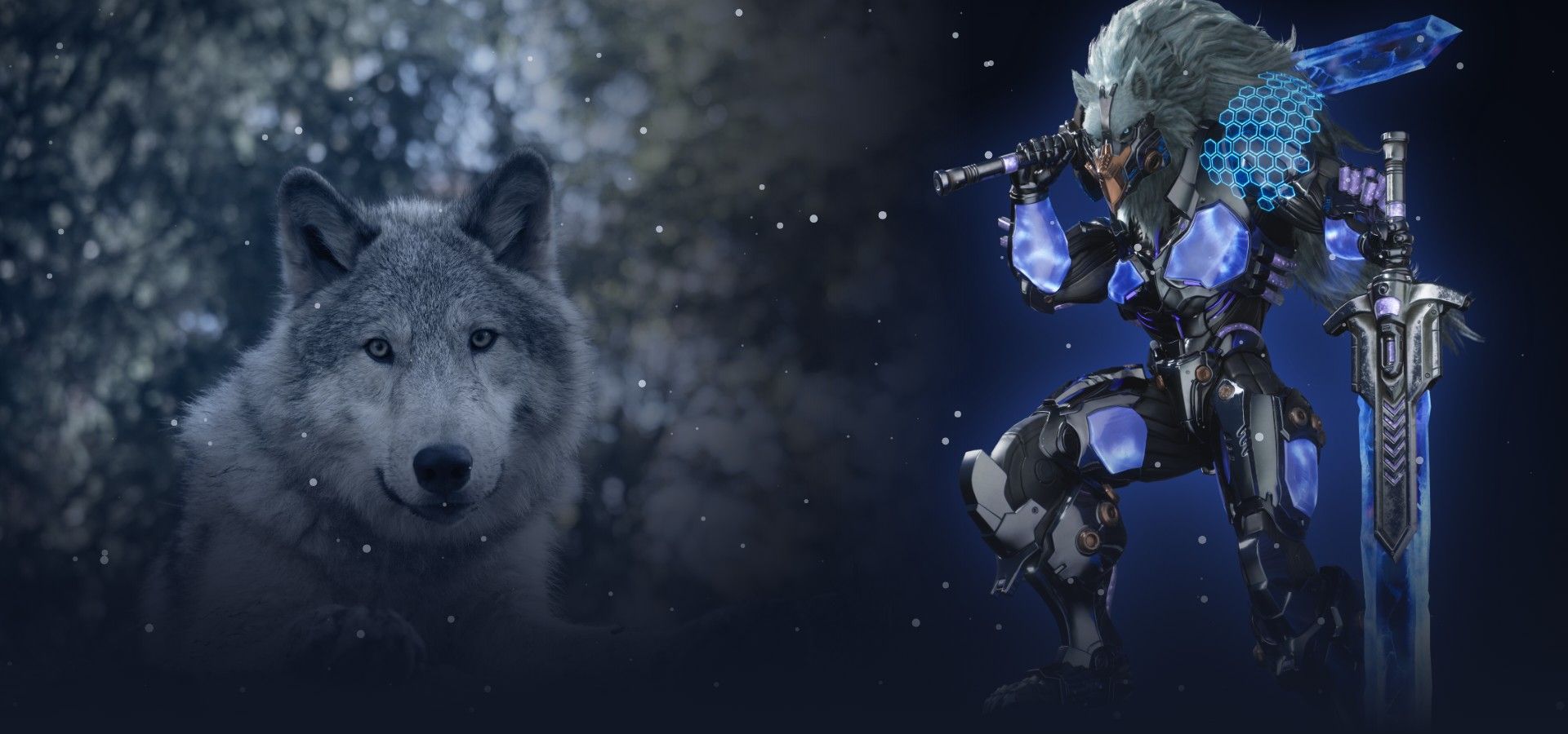 A Wolf Conservation Center ambassador wolf and Kaelen in his Quantum skin